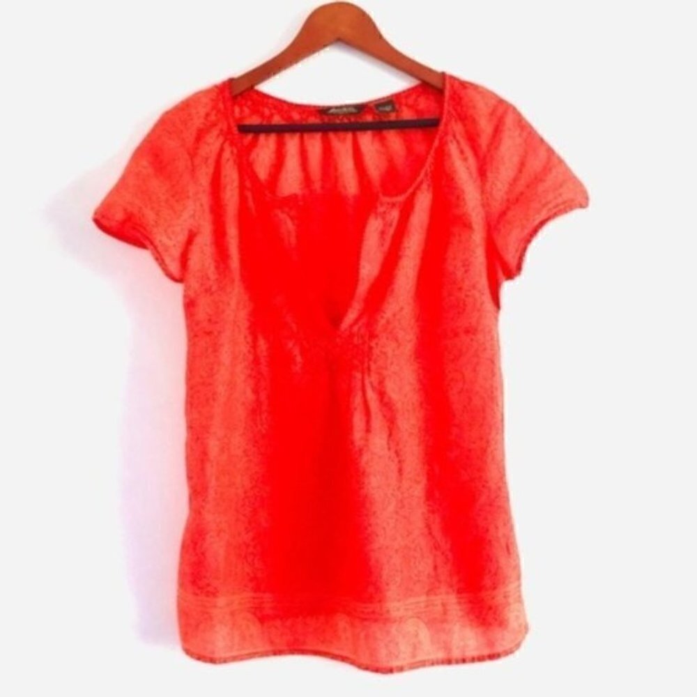 Eddie Bauer Blouse M Short Sleeves Pattern Semi-Sheer V-Neck Summer Orange Boho